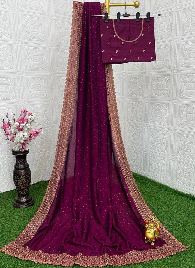 Blooming Vichtra Silk Wine Wedding Wear Zari Work Saree